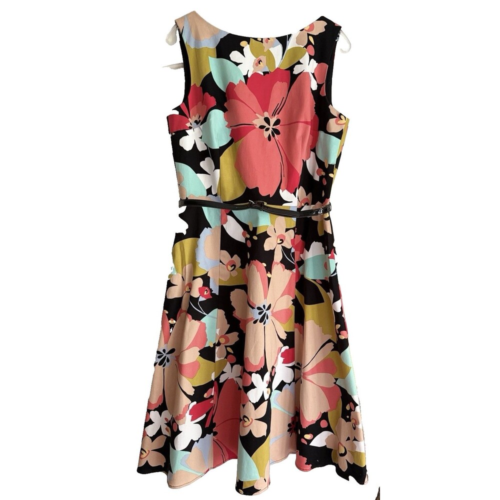 David Meister Floral Fit & Flair Dress Vintage Size 12 Sleeveless Black Belt USA